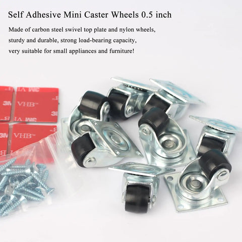 Mini Nylon Caster Wheels 0.5 Inch Low Profile Swivel Casters Set Of 8 Non Marks Self Adhesive Plate Caster Wheels displayed with screws