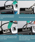 Digital Soldering Station with six interchangeable tips in use, showing assembly and disassembly steps on screen, with 120W power.