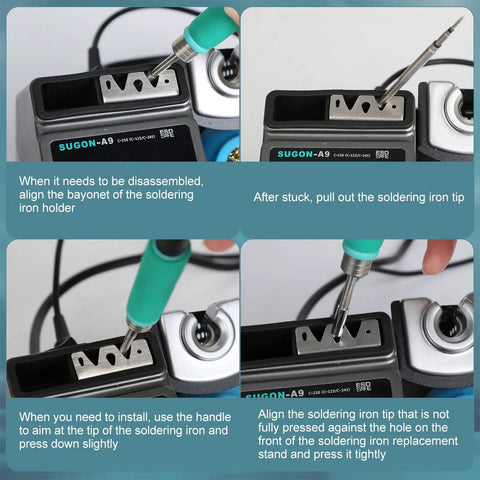 Digital Soldering Station with six interchangeable tips in use, showing assembly and disassembly steps on screen, with 120W power.