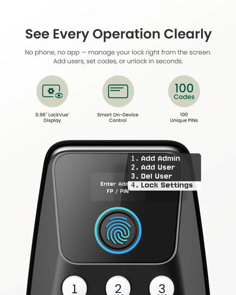 Keyless Entry Door Lock With Fingerprint Scanner, Smart Deadbolt for Front Door interface with lock settings display