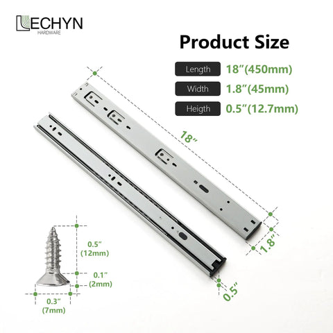 Heavy Duty 18 Inch Drawer Slides Set With Soft Close And Full Extension 3 Fold Ball Bearing Rails, Self Closing Side Mount.