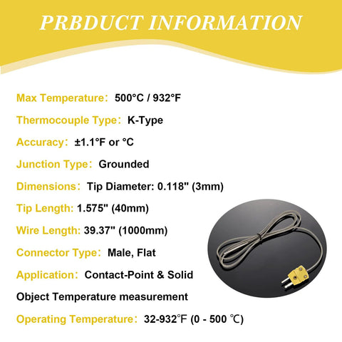 Set of 3 Yunsailing Type K thermocouple probes with metal shafts and flat male connectors.