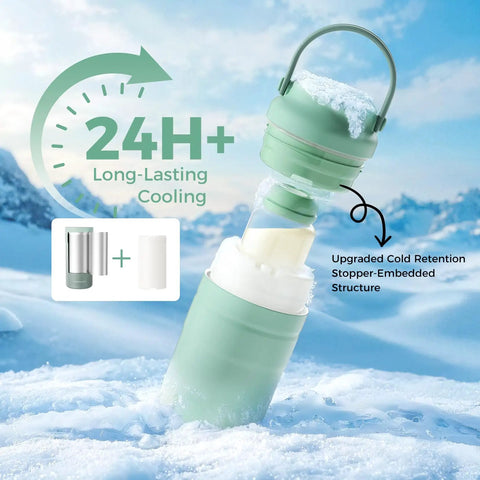 Portable Breast Milk Cooler For Travel Featuring 24 Hour Ice Free Cooling And Double Wall Insulation showing upgraded cooling structure in icy setting.