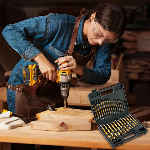 Person using drill with 30 Piece Titanium Coated HSS Drill Bit Set for Metal Wood Plastic with Quick Change Design in workshop