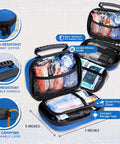 Front view of Everlit Pet Medic first aid kit in blue travel case, open to show mesh interior pockets with medical supplies.