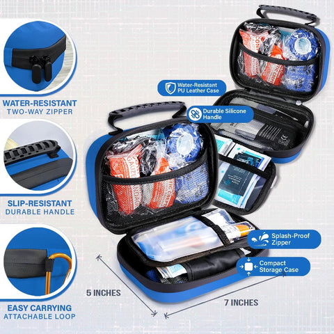 Front view of Everlit Pet Medic first aid kit in blue travel case, open to show mesh interior pockets with medical supplies.