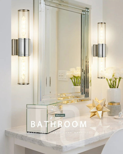 Chrome Bathroom Vanity Light Fixtures With Clear Glass Sconces Two Light Chic Modern Up And Down Wall Mount Lamp next to mirror