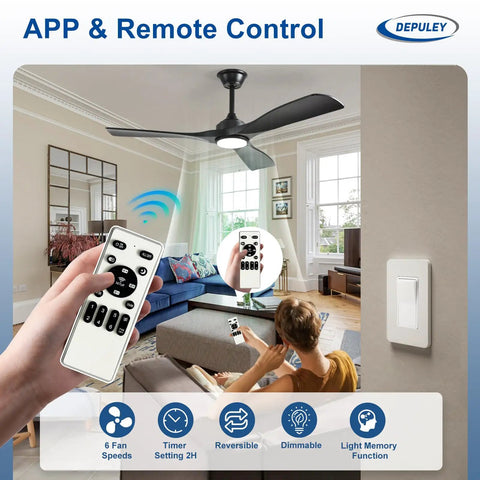 52 Inch Ceiling Fan With Light Black Three Blade Indoor And Outdoor Remote Control Dimmable Light Ultra Quiet DC Motor Reversible Six Speed With Timer For Patios And Living Rooms Energy Efficient displayed in a living room setting with remote control.