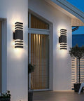 Two Pack Dusk To Dawn Outdoor Wall Lights Up And Down Front Porch Lanterns Black Aluminum Waterproof 3000K on white wall