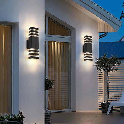 Two Pack Dusk To Dawn Outdoor Wall Lights Up And Down Front Porch Lanterns Black Aluminum Waterproof 3000K on white wall