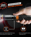 Rechargeable Magnetic LED Flashlight With 1200 Lumens, USB Direct Charging, in hand showing built-in features and 2022 upgrade.