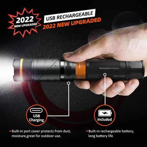 Rechargeable Magnetic LED Flashlight With 1200 Lumens, USB Direct Charging, in hand showing built-in features and 2022 upgrade.