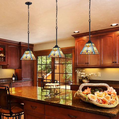 Tiffany Style Stained Glass Pendant Light, 1 Light Mission Antique Ceiling Lamp for Kitchen Island, 8 Inch Shade in cozy kitchen