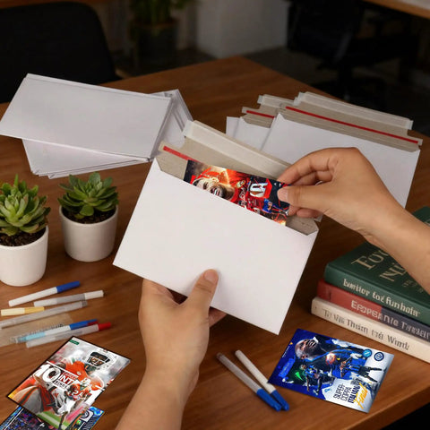 Person using 110 Pack White Trading Card Shipping Envelopes 7x4.35 Inch Self Adhesive Mailers For Semi-Rigid Sleeves