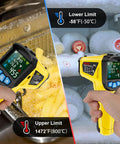 Non Contact Infrared Thermometer With Laser Targeting And K-Type Probe, Digital Temp Gun, testing in kitchen and freezer.