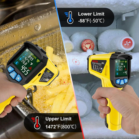 Non Contact Infrared Thermometer With Laser Targeting And K-Type Probe, Digital Temp Gun, testing in kitchen and freezer.