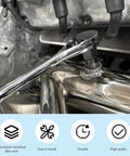 Close-up of O2 Sensor Thread Repair Kit With M18 X 1.5 And M12 X 1.25 Adapters being used on a car engine with a wrench.