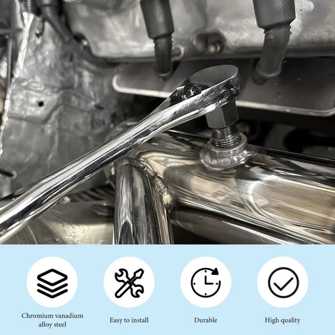 Close-up of O2 Sensor Thread Repair Kit With M18 X 1.5 And M12 X 1.25 Adapters being used on a car engine with a wrench.
