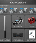 Package list of Professional Brake Line Flaring Tool Kit For 45 Degree Single Bubble And Double Flare with tools and components.