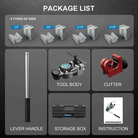 Package list of Professional Brake Line Flaring Tool Kit For 45 Degree Single Bubble And Double Flare with tools and components.