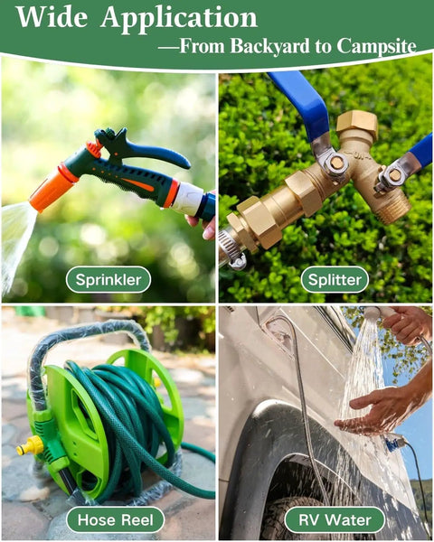 Heavy Duty Brass Garden Hose Female To Female Adapter For Leak Proof Connections, Double Female Three Quarter GHT Connector For Sprinklers, Irrigation, RV And Pool Use, Fits Most Hoses With Precision Threads. Used for sprinkler, hose reel, and RV water setups.