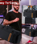 Man carrying Pro DJ Gear Bag with 8 Detachable Dividers and 15.6 Inch Laptop Sleeve, black color, on luggage.