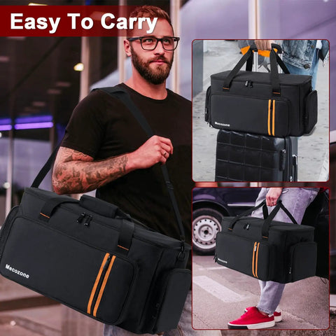 Man carrying Pro DJ Gear Bag with 8 Detachable Dividers and 15.6 Inch Laptop Sleeve, black color, on luggage.
