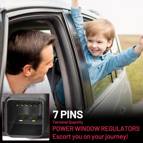 Man and child in car plus inset showing 7-pin connector for Power Window Regulator With Motor Front Left Driver Side For Chevy Cruze 2010 2011 2012 2013 2014 2015 And Cruze Limited 2016 Replacement Part Numbers 748974 75226747 Premium Quality.