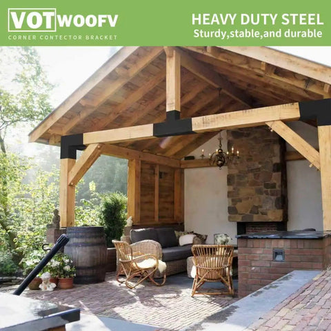 4 Pack 3-Way Right Angle Pergola Bracket Kit For 4x4 Wood Beams Tough As Nails Cast Iron With Galvanized Waterproof Layer And Black Powder Coat Easy 0.98 Inch Slot Insertion Outdoor Gazebos Patios Log Cabins installed on a wooden pergola.