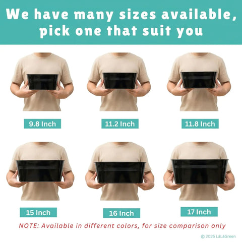 Person holding various sizes of black planter boxes from 9.8 to 17 inches for size comparison