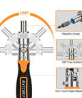 180 Degree Adjustable Ratchet Screwdriver And Wrench Set With Bit Kit showing 180-degree Free Rotation feature.