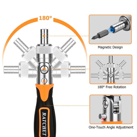 180 Degree Adjustable Ratchet Screwdriver And Wrench Set With Bit Kit showing 180-degree Free Rotation feature.