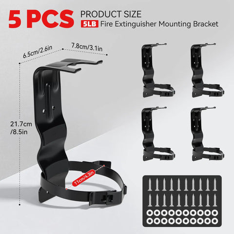 5 Pack Fire Extinguisher Mount Brackets 5 Lb Metal Strap Holder displayed with screws and measurements.