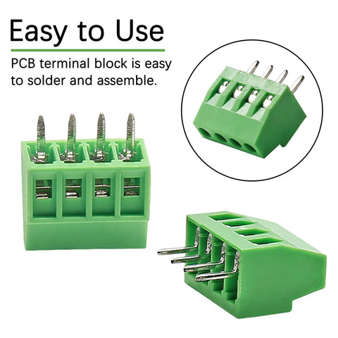 4-Pin 2.54mm Pitch PCB Terminal Block Screw Terminal Connector Kit with brass pins for easy mount and wire insertion, front and side view.