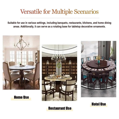 Three dining settings featuring Heavy Duty Tempered Glass 360 Degree Turntable For Dining Tables, shown in home, restaurant, and hotel use.