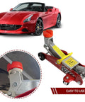 Beefy Heavy Duty Polyethylene Jack Pad Set For Trolley Floor Jacks, Two Pack Red, shown with car and lifting platform
