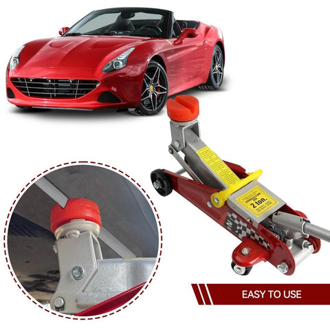 Beefy Heavy Duty Polyethylene Jack Pad Set For Trolley Floor Jacks, Two Pack Red, shown with car and lifting platform