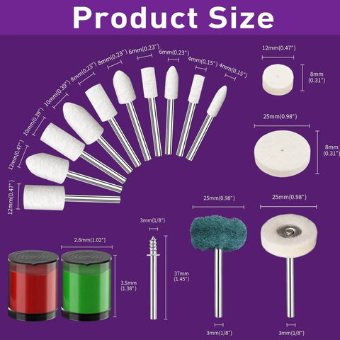 114 Piece Polishing Kit With Two Polishing Compounds And 1 Eighth Inch Shank Buffing Wheels diagram showing product sizes