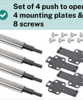 Slick 4 Pack Pressure Touch Door Opener Automatic Handle Free Open Close Cabinet Latch Smooth Self Closing Damper Kit No Sweat Hardware With Quick Snap Mounting Plates includes 4 latches and mounting plates.