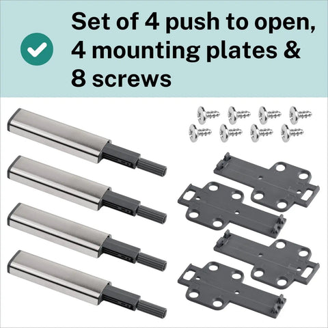 Slick 4 Pack Pressure Touch Door Opener Automatic Handle Free Open Close Cabinet Latch Smooth Self Closing Damper Kit No Sweat Hardware With Quick Snap Mounting Plates includes 4 latches and mounting plates.