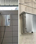 Badass Stainless Steel EV Charger Cover With Auto Lock And Secure Wall Mount Bracket For Tesla and Every Plug In Car Out Here, mounted on wall.