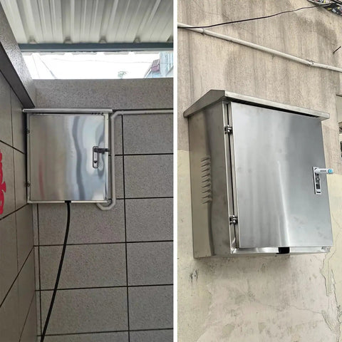 Badass Stainless Steel EV Charger Cover With Auto Lock And Secure Wall Mount Bracket For Tesla and Every Plug In Car Out Here, mounted on wall.