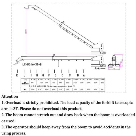 Diagram of Heavy Duty Forklift Telescopic Boom With Adjustable Tilt And 6600 LBS Rock Solid Mobile Crane Kit specifications.