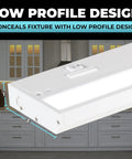 Under Cabinet Lighting Kit Hardwired And Linkable For Kitchen Use 18 Inch White Finish 3CCT showing low profile design