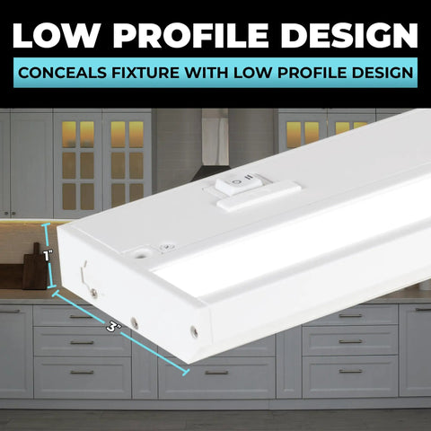 Under Cabinet Lighting Kit Hardwired And Linkable For Kitchen Use 18 Inch White Finish 3CCT showing low profile design