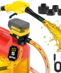 Grab And Run Cordless Fuel Transfer Pump With Smart Auto Shutoff And Slick Hand Trigger Nozzle Battery Powered Plus 12V Plug For Gas Or Diesel Heavy Duty Garage Rig pouring fuel from a red container.