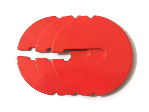 Three red round table inserts set of three for 14 inch band saws or scroll saws, 2.5 inch diameter, 0.1 inch thick, blade protection shield