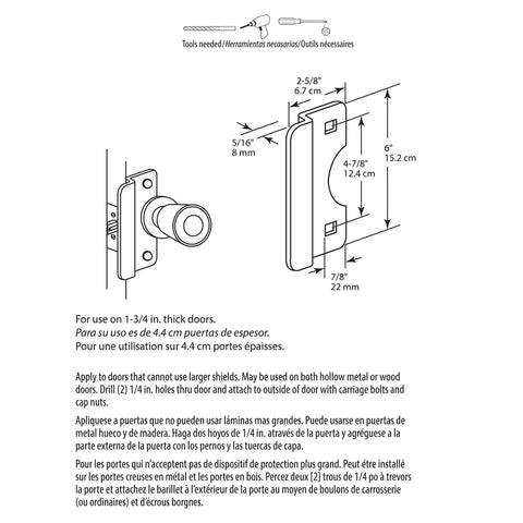 Diagram of Rugged Heavy Duty Steel Latch Guard Plate Cover For Outswing Doors Six Inch Size With Five Sixteenths Inch Offset Gray Finish