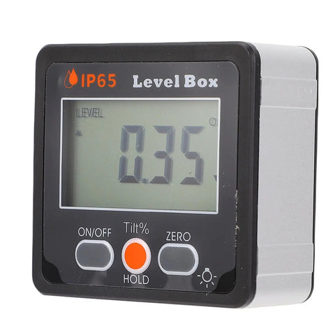 Built Tough Heavy Duty Digital Angle Finder With Crisp Backlit LCD Screen And Rock Solid Magnet Magnetic Level Box Inclinometer showing precise angle 0.35°.