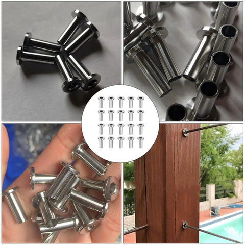 Topperfun Stainless Steel Wire Rope Protector Sleeves 50 Pack With Drill For Railing Kit Outdoor Indoor Prevent Wear And Damage Cable Guarding stainless steel cable sleeves on deck railing post